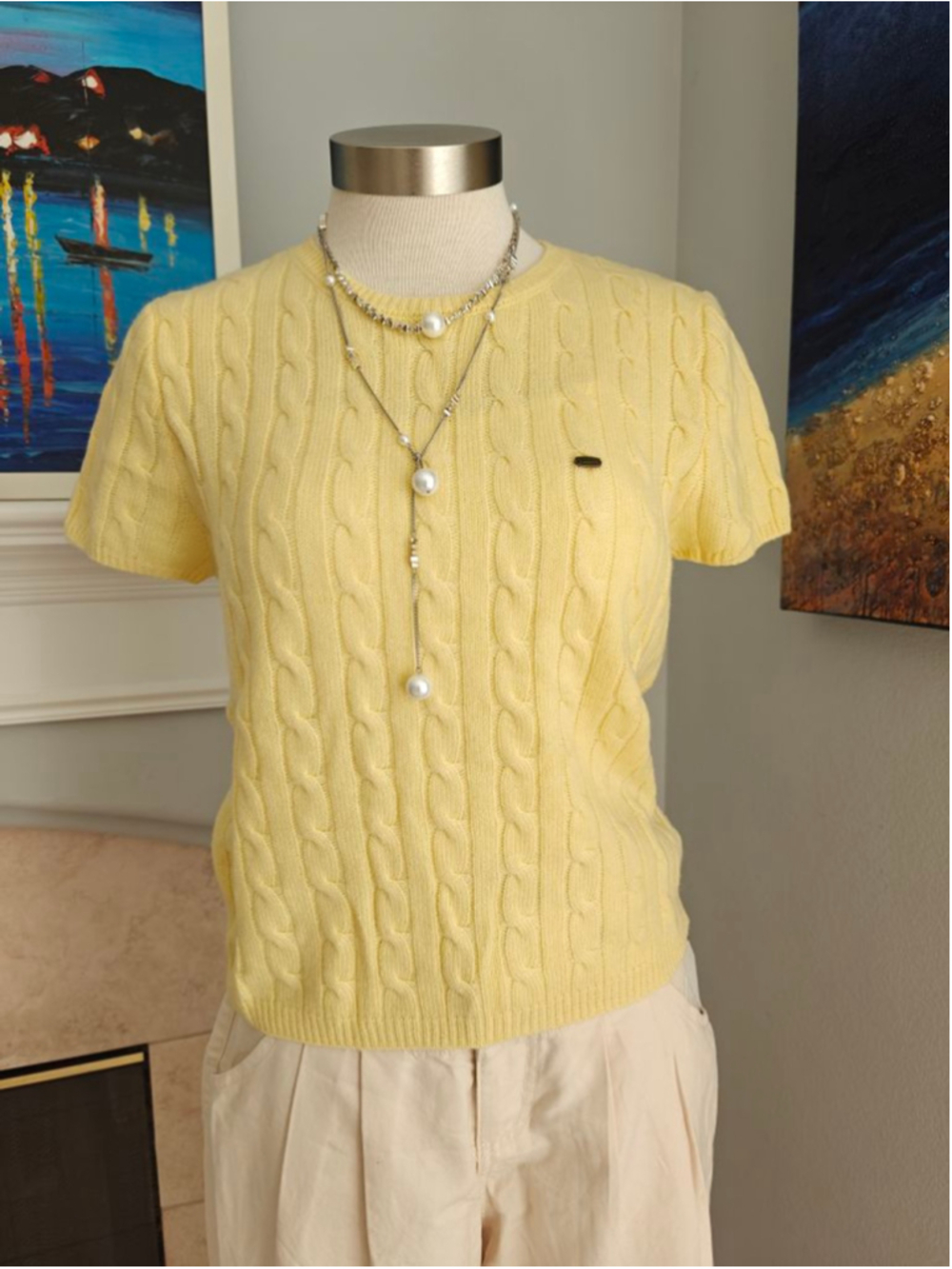 Women's Yellow Cable Knit Short Sleeve Crew Neck Sweater S - Picture 2 of 11
